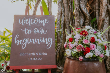 Signage and Floral detail — Anand Karaj decor — Alila Diwa Goa
